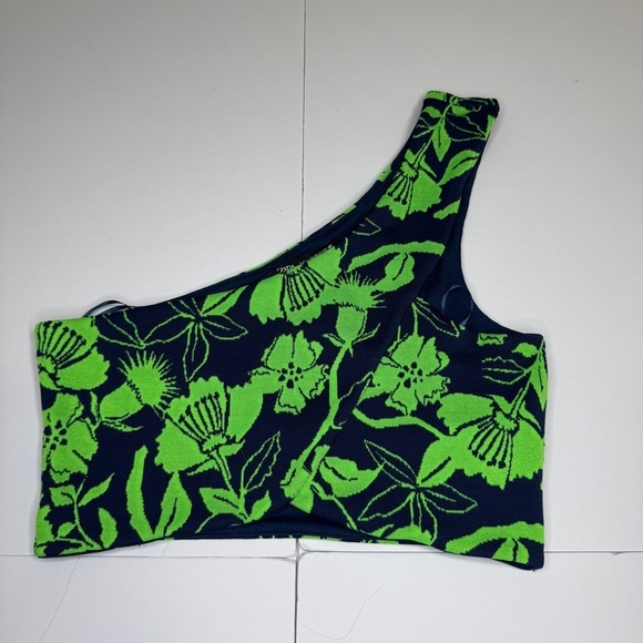 Zara Tops - ZARA One Shoulder Crop Top M Green Navy Floral Tropical Knit Stretch NWOT
